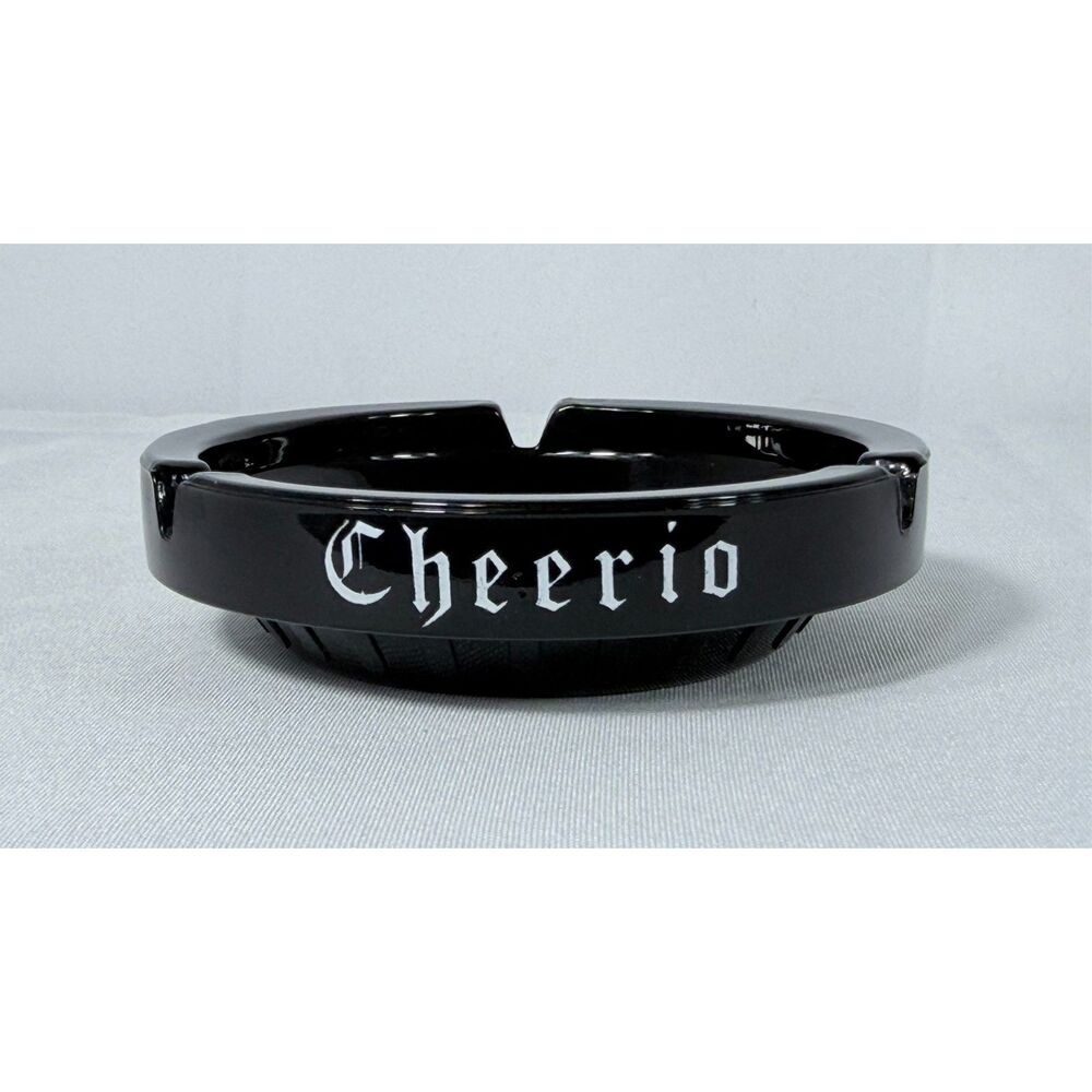 Vtg Cheerio Black Glass Ashtray Smoking Mid Century 1970s 1960s EUC Bar Mancave
